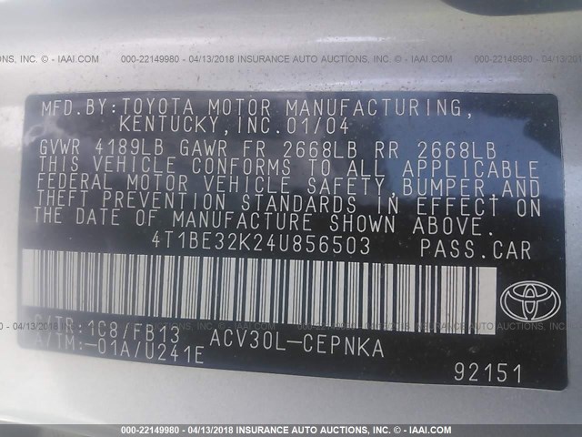 4T1BE32K24U856503 - 2004 TOYOTA CAMRY LE/XLE/SE SILVER photo 9