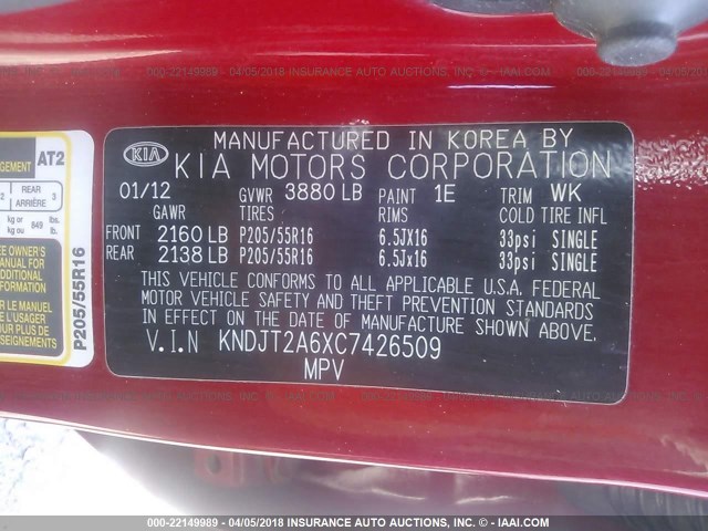 KNDJT2A6XC7426509 - 2012 KIA SOUL +/!/SPORT RED photo 9