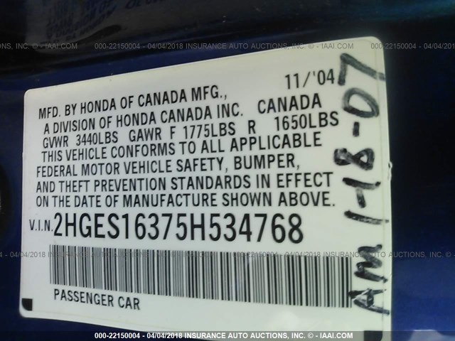 2HGES16375H534768 - 2005 HONDA CIVIC DX VP BLUE photo 9