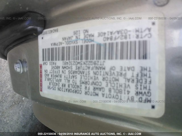 JT2BG22K5W0232481 - 1998 TOYOTA CAMRY CE/LE/XLE BEIGE photo 9