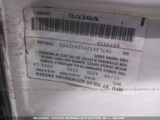 YV1LS61J9Y2645953 - 2000 VOLVO S70 SE WHITE photo 9