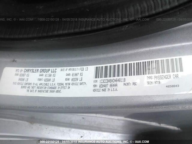 1C3CCBABXDN648118 - 2013 CHRYSLER 200 LX SILVER photo 9