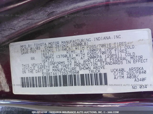 5TBBT44173S375940 - 2003 TOYOTA TUNDRA ACCESS CAB SR5 MAROON photo 9