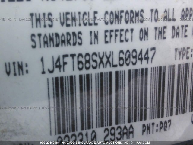 1J4FT68SXXL609447 - 1999 JEEP CHEROKEE SPORT/CLASSIC ლურჯი ფოტო 9