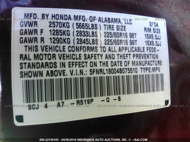 5FNRL18004B075510 - 2004 HONDA ODYSSEY EXL RED photo 9