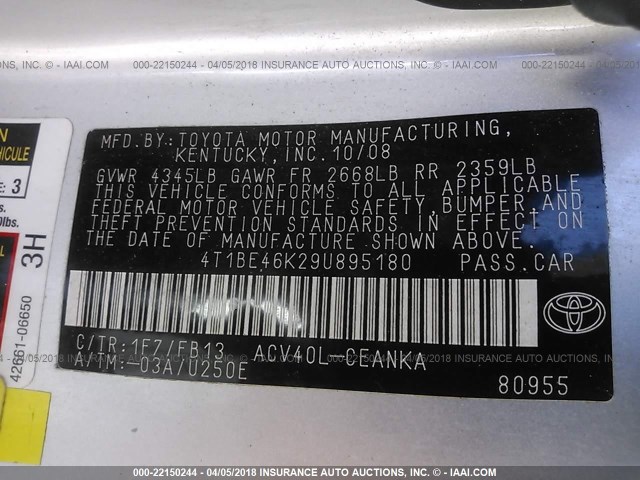 4T1BE46K29U895180 - 2009 TOYOTA CAMRY SE/LE/XLE SILVER photo 9