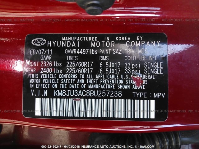 KM8JU3AC8BU257238 - 2011 HYUNDAI TUCSON GLS/LIMITED RED photo 9