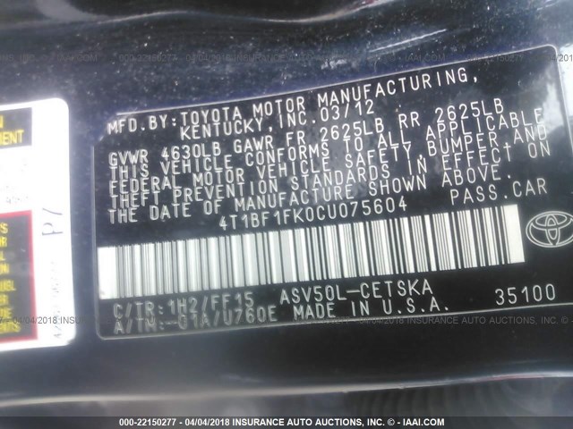 4T1BF1FK0CU075604 - 2012 TOYOTA CAMRY SE/LE/XLE BLACK photo 9