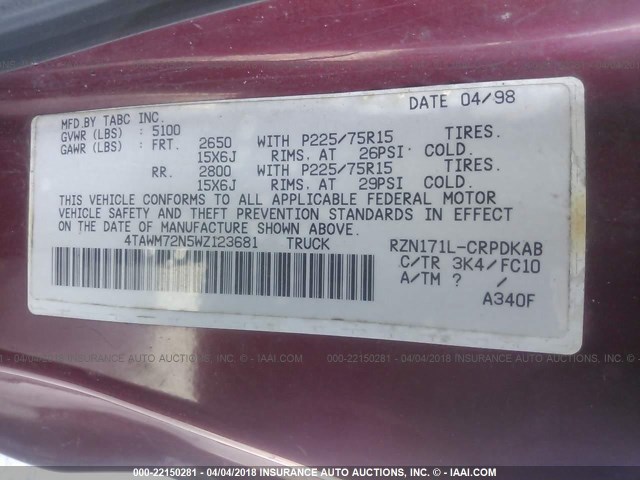 4TAWM72N5WZ123681 - 1998 TOYOTA TACOMA XTRACAB RED photo 9