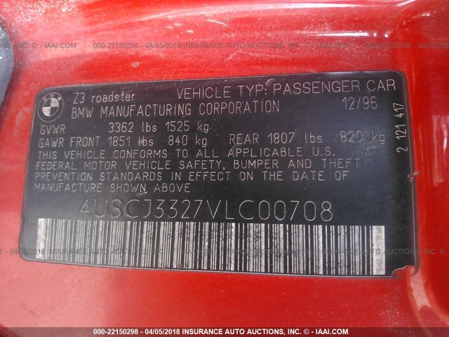 4USCJ3327VLC00708 - 1997 BMW Z3 2.8 RED photo 9