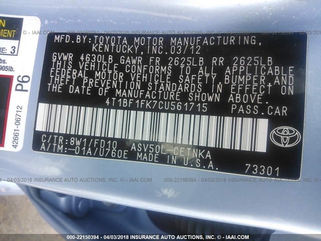 4T1BF1FK7CU561715 - 2012 TOYOTA CAMRY SE/LE/XLE BLUE photo 9