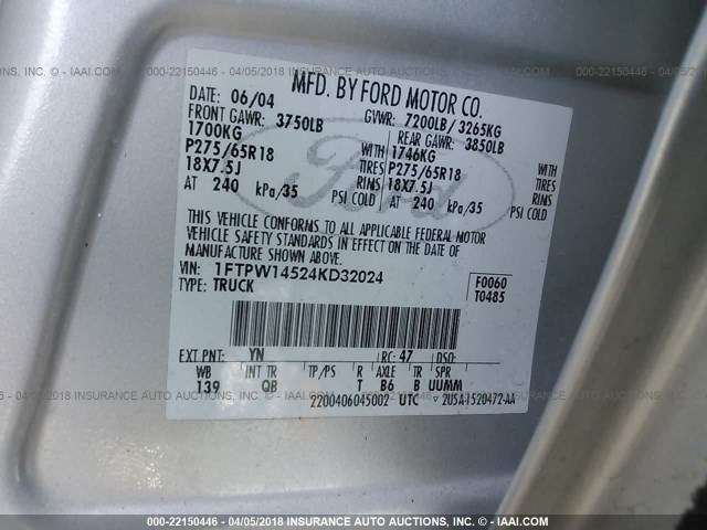 1FTPW14524KD32024 - 2004 FORD F150 SUPERCREW SILVER photo 9