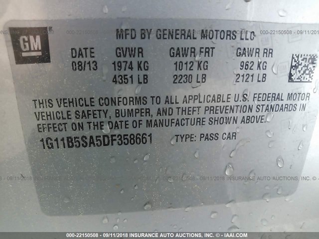 1G11B5SA5DF358661 - 2013 CHEVROLET MALIBU LS Gümüş foto 9