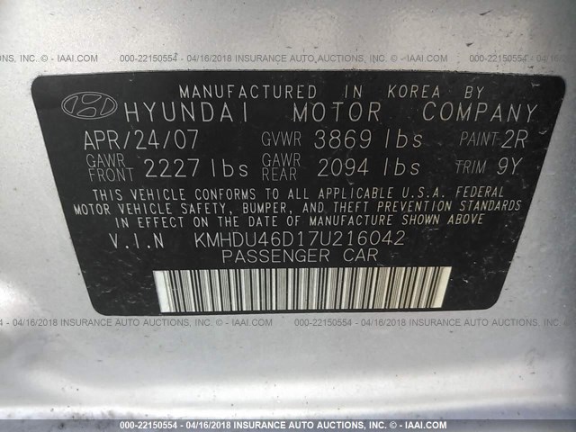 KMHDU46D17U216042 - 2007 HYUNDAI ELANTRA GLS/SE/LIMITED SILVER photo 9