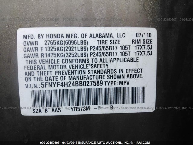 5FNYF4H24BB027589 - 2011 HONDA PILOT LX GOLD photo 9