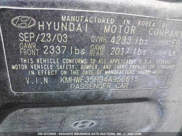 KMHWF35H94A956615 - 2004 HYUNDAI SONATA GLS/LX BLACK photo 9