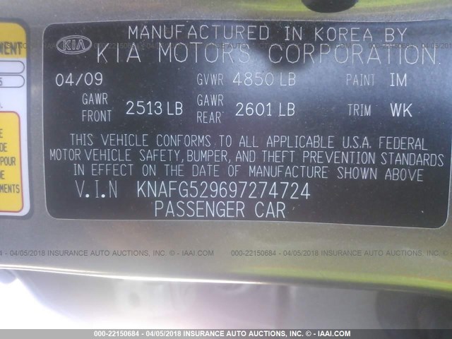 KNAFG529697274724 - 2009 KIA RONDO LX/EX GRAY photo 9