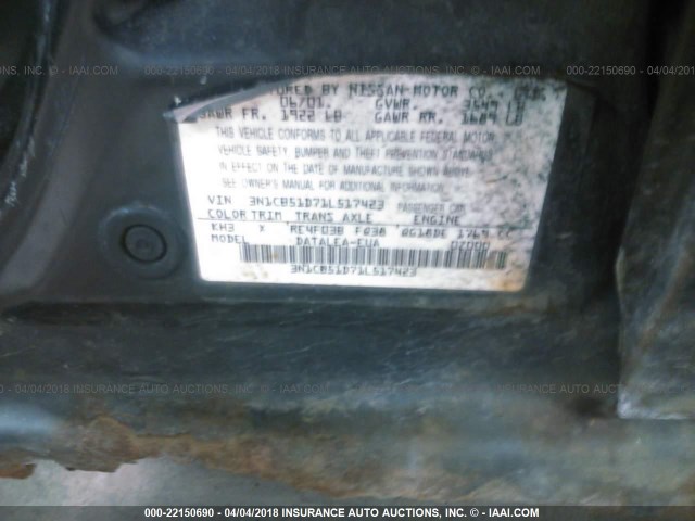 3N1CB51D71L517423 - 2001 NISSAN SENTRA XE/GXE BLACK photo 9