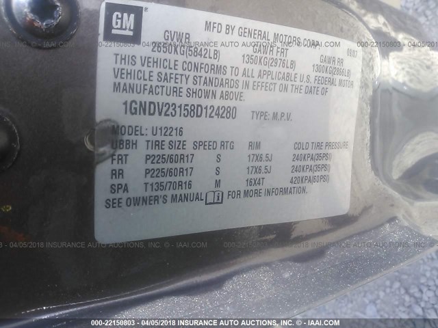 1GNDV23158D124280 - 2008 CHEVROLET UPLANDER LS GRAY photo 9