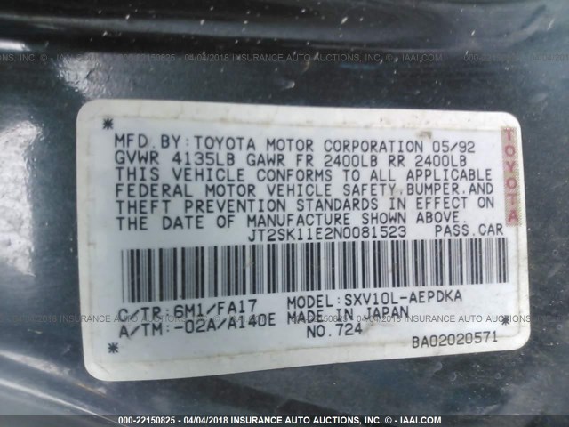 JT2SK11E2N0081523 - 1992 TOYOTA CAMRY DLX 绿色 照片 9