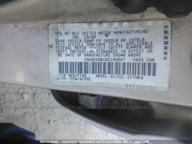 1NXAE09B1RZ189947 - 1994 TOYOTA COROLLA LE/DX თეთრი ფოტო 9