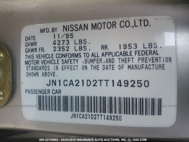 JN1CA21D2TT149250 - 1996 NISSAN MAXIMA GLE/GXE/SE GOLD photo 9