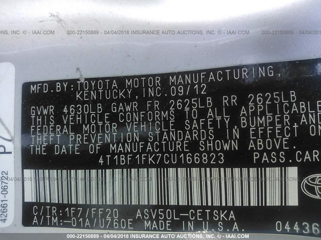 4T1BF1FK7CU166823 - 2012 TOYOTA CAMRY SE/LE/XLE 银色 照片 9