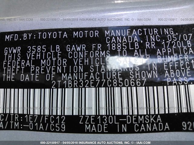 2T1BR32E77C850667 - 2007 TOYOTA COROLLA CE/LE/S SILVER photo 9