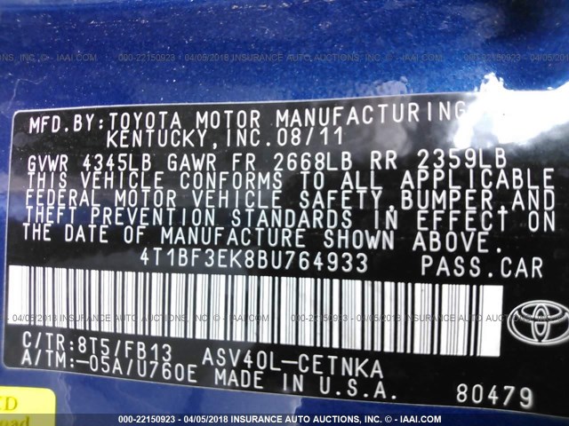 4T1BF3EK8BU764933 - 2011 TOYOTA CAMRY SE/LE/XLE BLUE photo 9