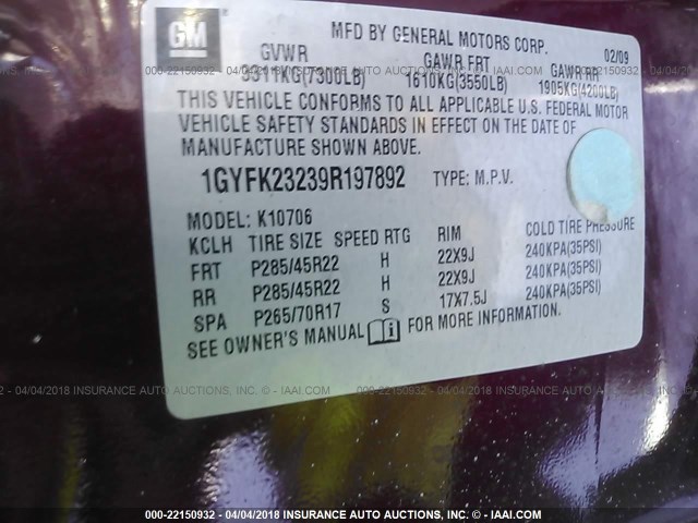 1GYFK23239R197892 - 2009 CADILLAC ESCALADE LUXURY წითელი ფოტო 9