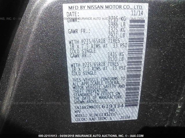 5N1AR2MN1FC619334 - 2015 NISSAN PATHFINDER S/SV/SL/PLATINUM 灰色 照片 9