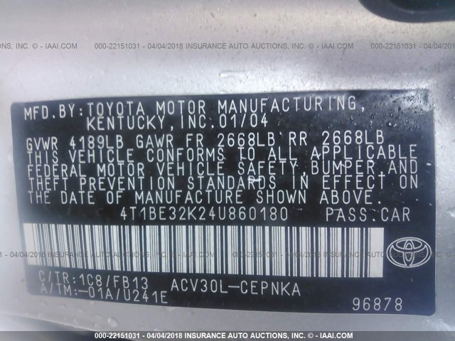 4T1BE32K24U860180 - 2004 TOYOTA CAMRY LE/XLE/SE ვერცხლისფერი ფოტო 9