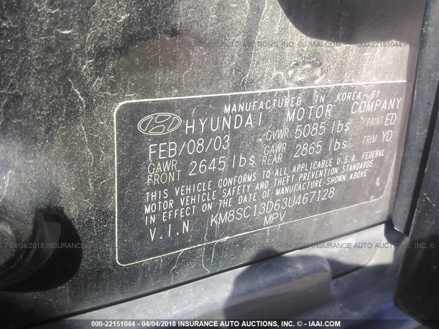 KM8SC13D63U467128 - 2003 HYUNDAI SANTA FE GLS/LX BLACK photo 9