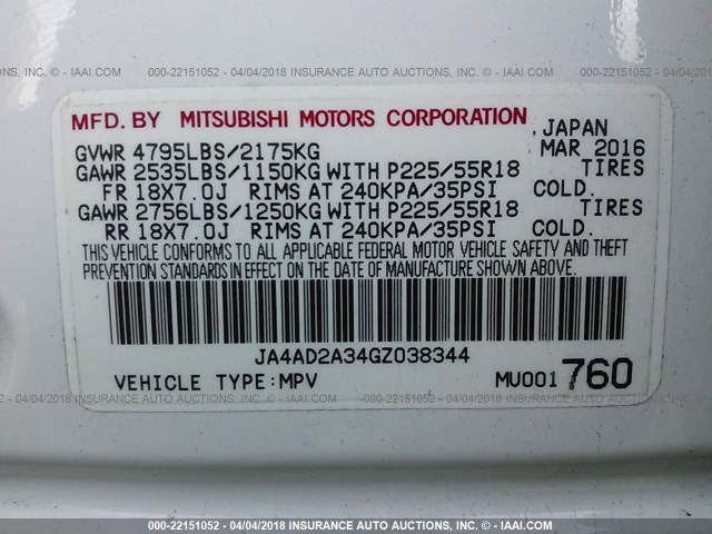 JA4AD2A34GZ038344 - 2016 MITSUBISHI OUTLANDER ES თეთრი ფოტო 9