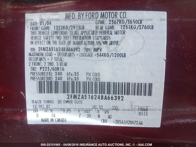 2FMZA51624BA66392 - 2004 FORD FREESTAR SE RED photo 9