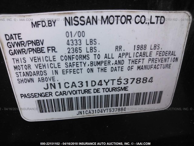 JN1CA31D4YT537884 - 2000 NISSAN MAXIMA GLE/GXE/SE GRAY photo 9