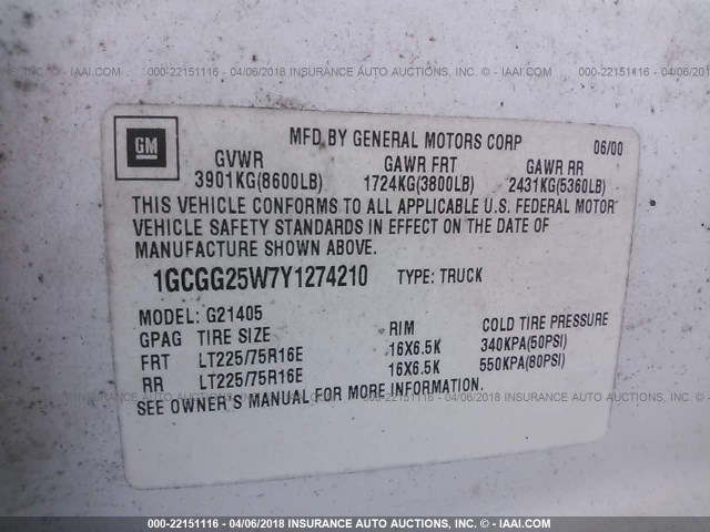 1GCGG25W7Y1274210 - 2000 CHEVROLET EXPRESS G2500  WHITE photo 9