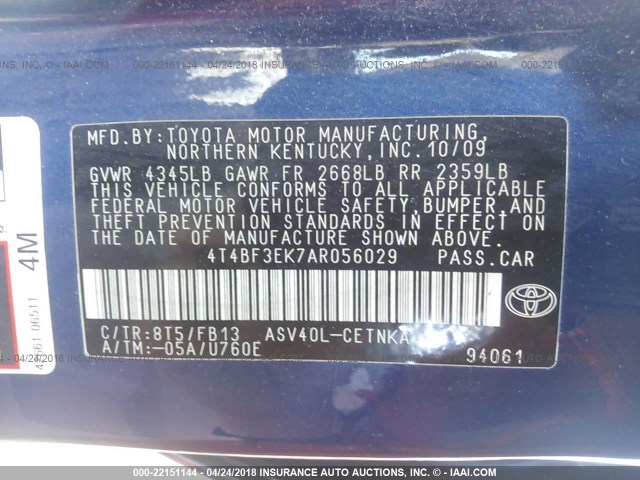 4T4BF3EK7AR056029 - 2010 TOYOTA CAMRY SE/LE/XLE 蓝色 照片 9