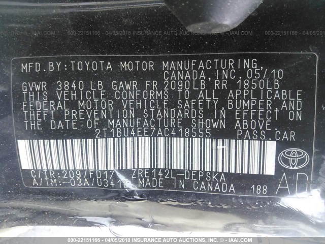 2T1BU4EE7AC418555 - 2010 TOYOTA COROLLA S/LE/XLE BLACK photo 9