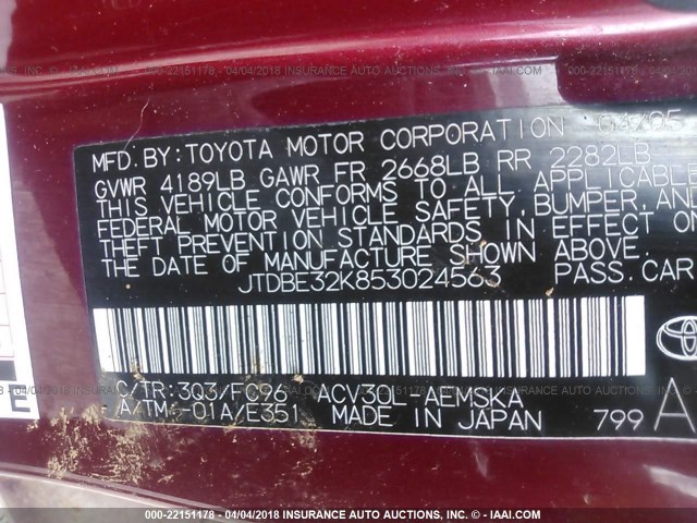 JTDBE32K853024563 - 2005 TOYOTA CAMRY LE/XLE/SE RED photo 9
