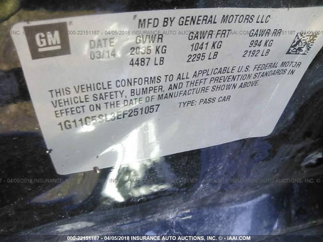 1G11C5SL3EF251057 - 2014 CHEVROLET MALIBU 1LT 黑色 照片 9