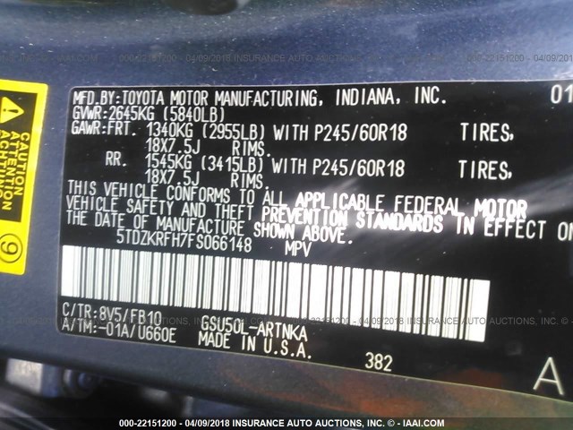 5TDZKRFH7FS066148 - 2015 TOYOTA HIGHLANDER LE/LE PLUS BLUE photo 9