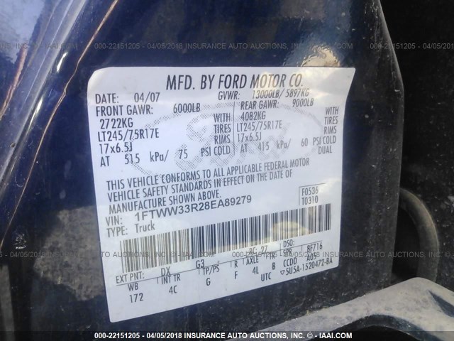 1FTWW33R28EA89279 - 2008 FORD F350 4X4 CREWCAB SUPER DUTY BLUE photo 10