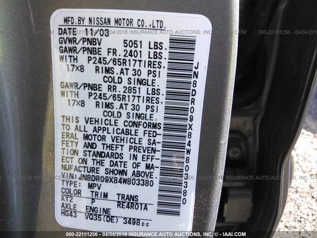 JN8DR09X84W803380 - 2004 NISSAN PATHFINDER LE/SE TAN photo 9