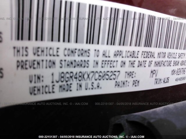 1J8GR48KX7C605257 - 2007 JEEP GRAND CHEROKEE LAREDO/COLUMBIA/FREEDOM 红色 照片 9