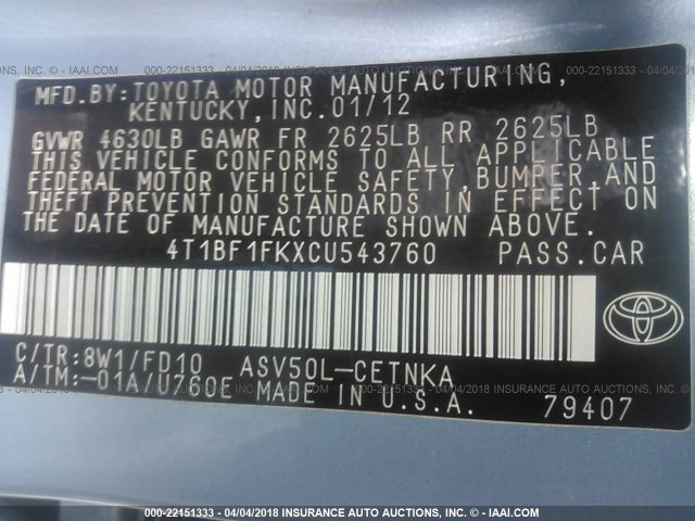 4T1BF1FKXCU543760 - 2012 TOYOTA CAMRY SE/LE/XLE BLUE photo 9