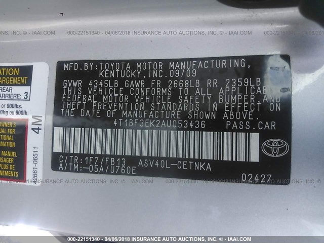 4T1BF3EK2AU053436 - 2010 TOYOTA CAMRY SE/LE/XLE SILVER photo 9