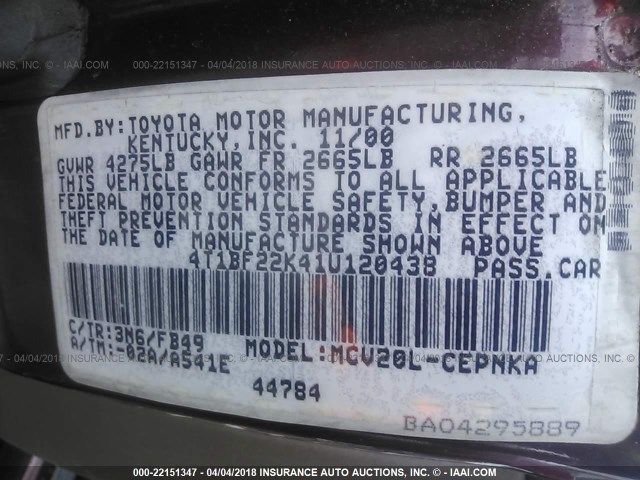 4T1BF22K41U120438 - 2001 TOYOTA CAMRY LE/XLE Բորդո լուսանկար 9