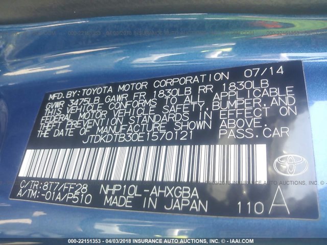 JTDKDTB30E1570121 - 2014 TOYOTA PRIUS C BLUE photo 9