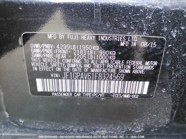 JF1GPAV61F8324569 - 2015 SUBARU IMPREZA SPORT LIMITED GRAY photo 9